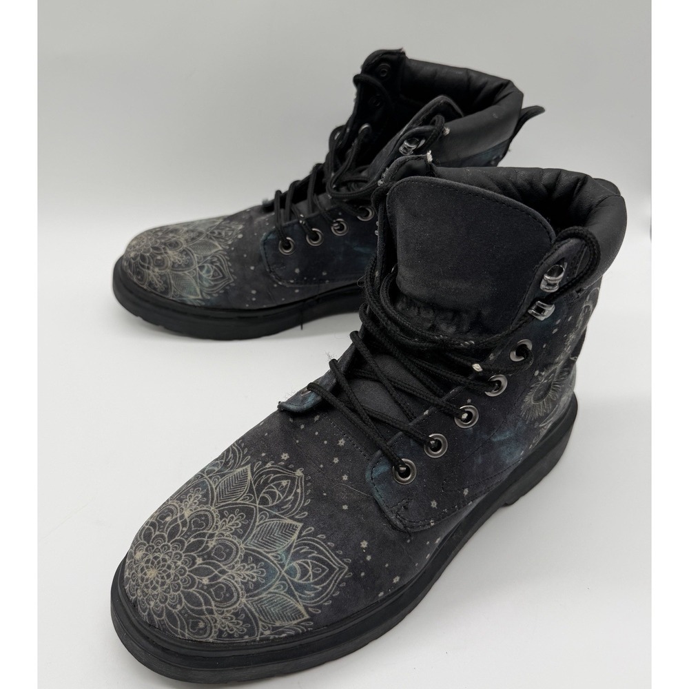 RAAD Shop Celestial Mandala Sun Moon Stars Black Combat Boots Women's Size 7.5M